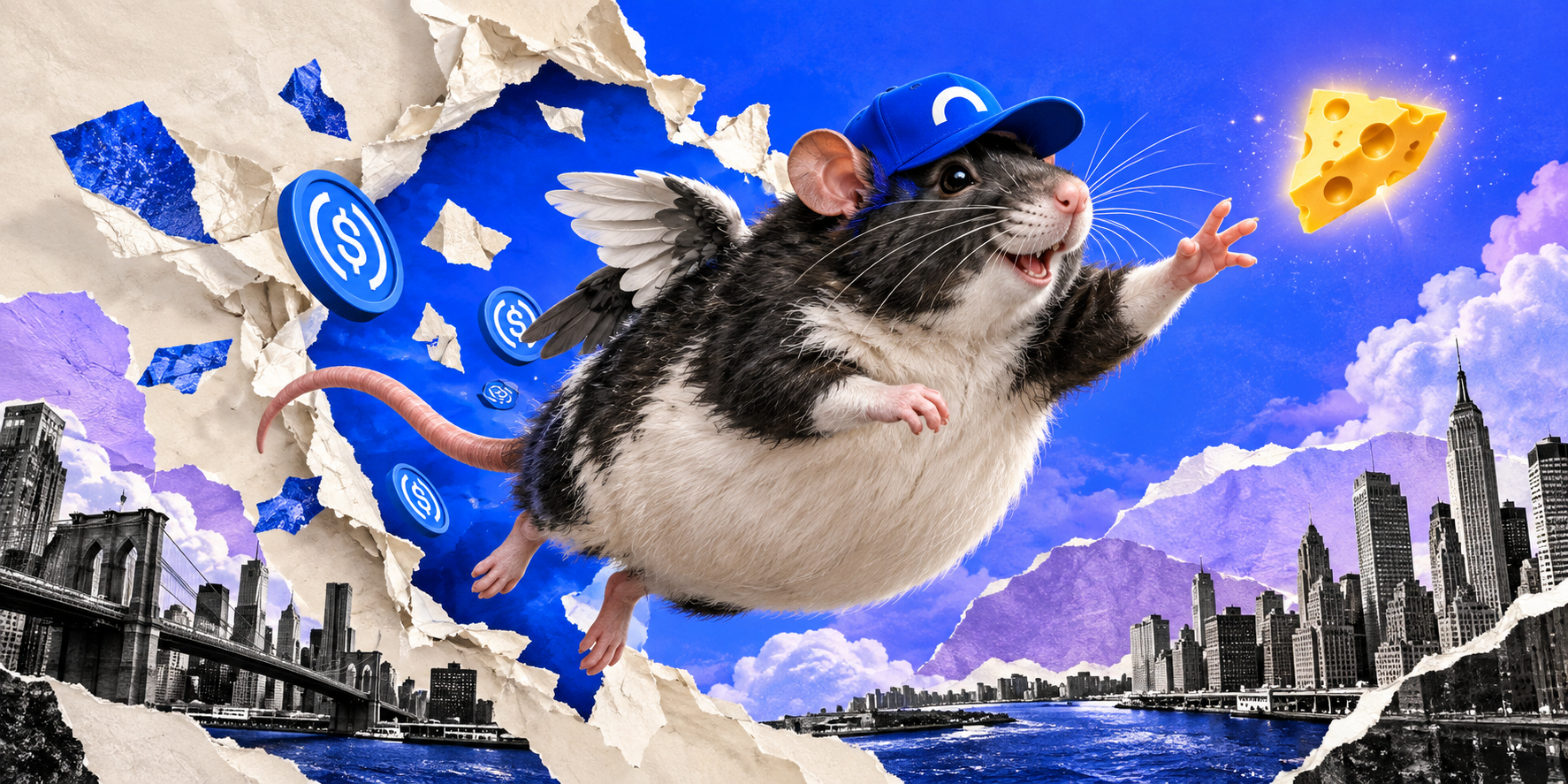 A winged fat rat in an Arc cap bursting through a paper portal toward golden cheese